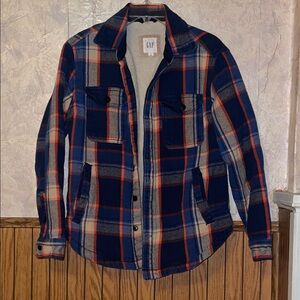 Orange,navy & tan plaid gap flannel shirt jacket (s)
